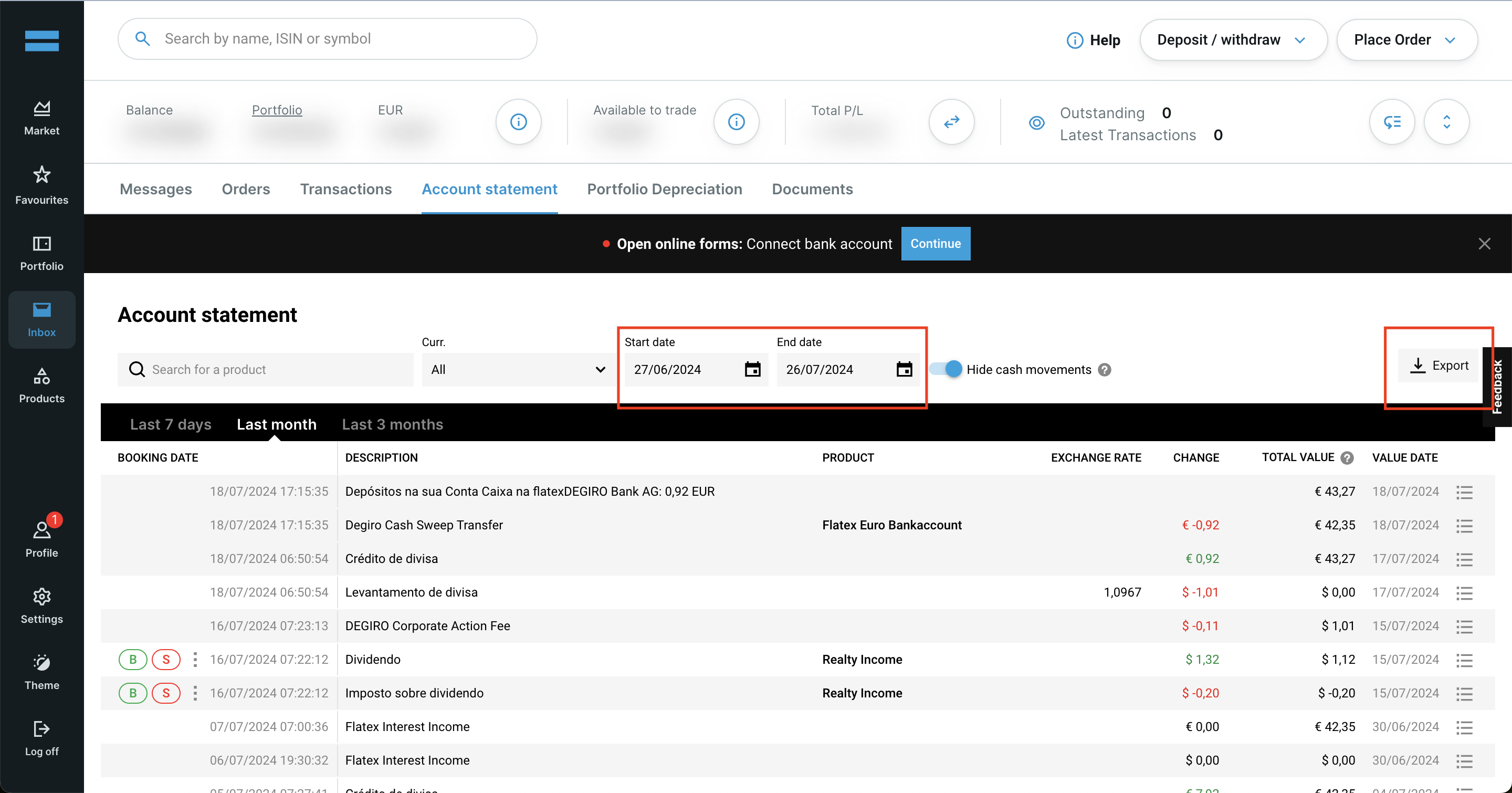 Download the Account Statement (CSV) from Degiro