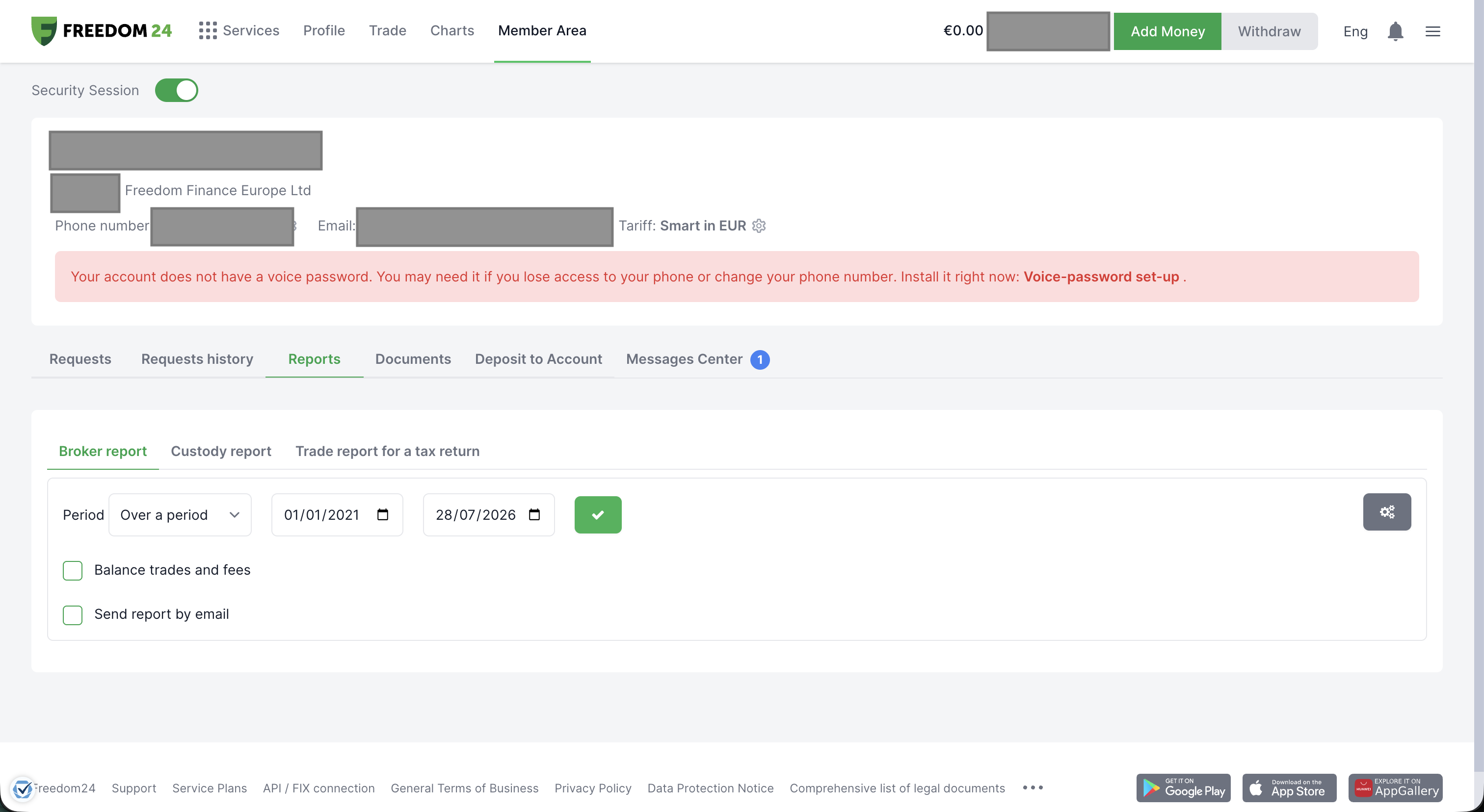 Freedom24 Broker report period selection