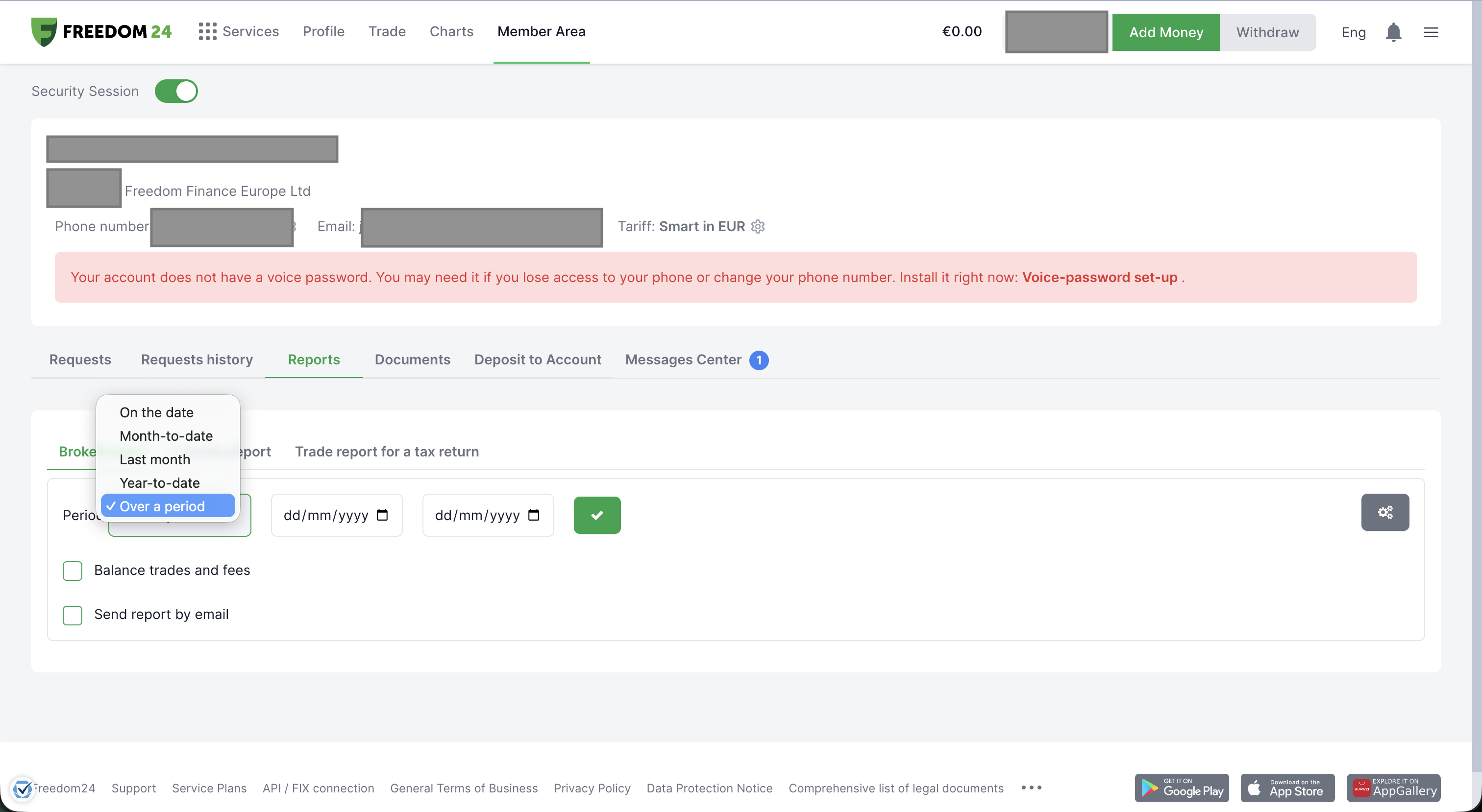 Freedom24 Reports Broker report tab