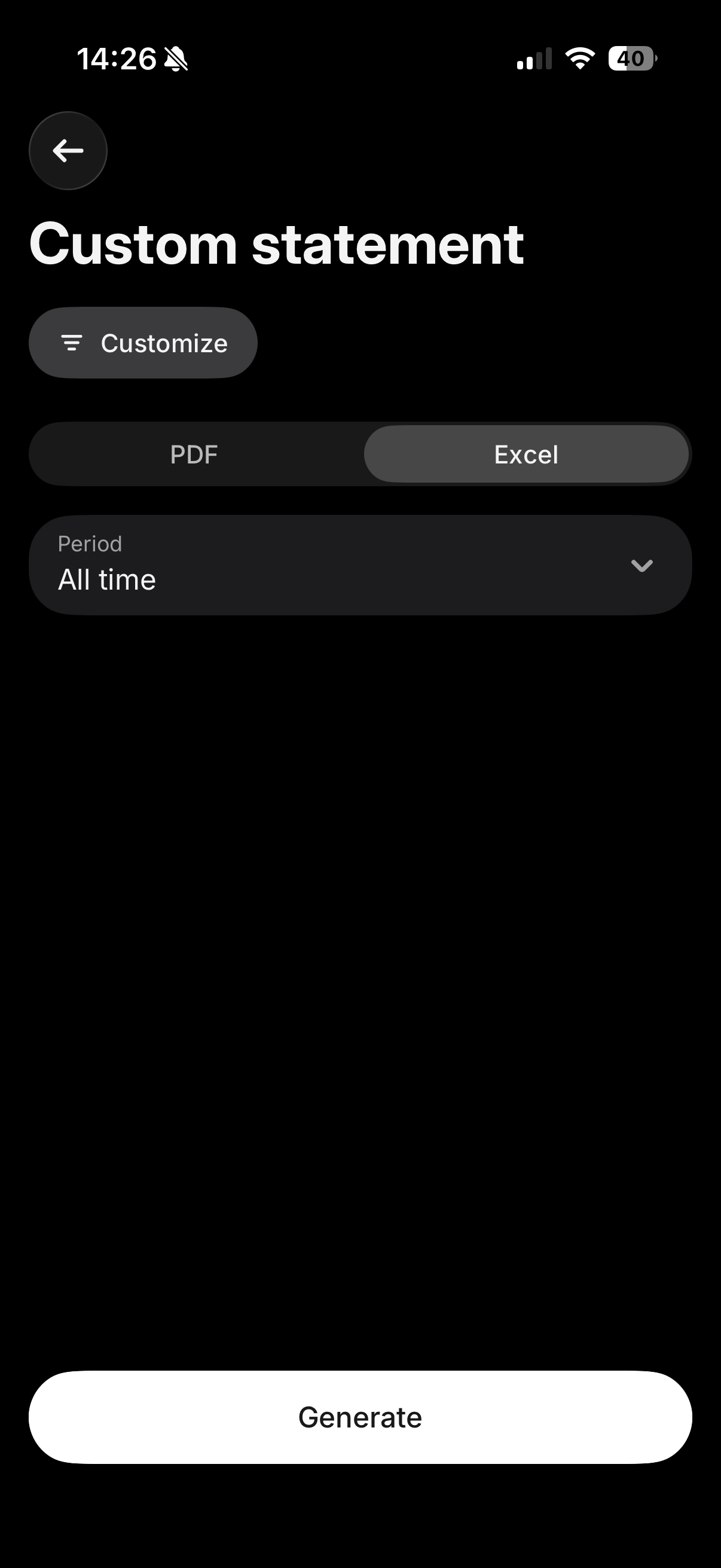 Selezione del periodo dell'estratto conto personalizzato Revolut