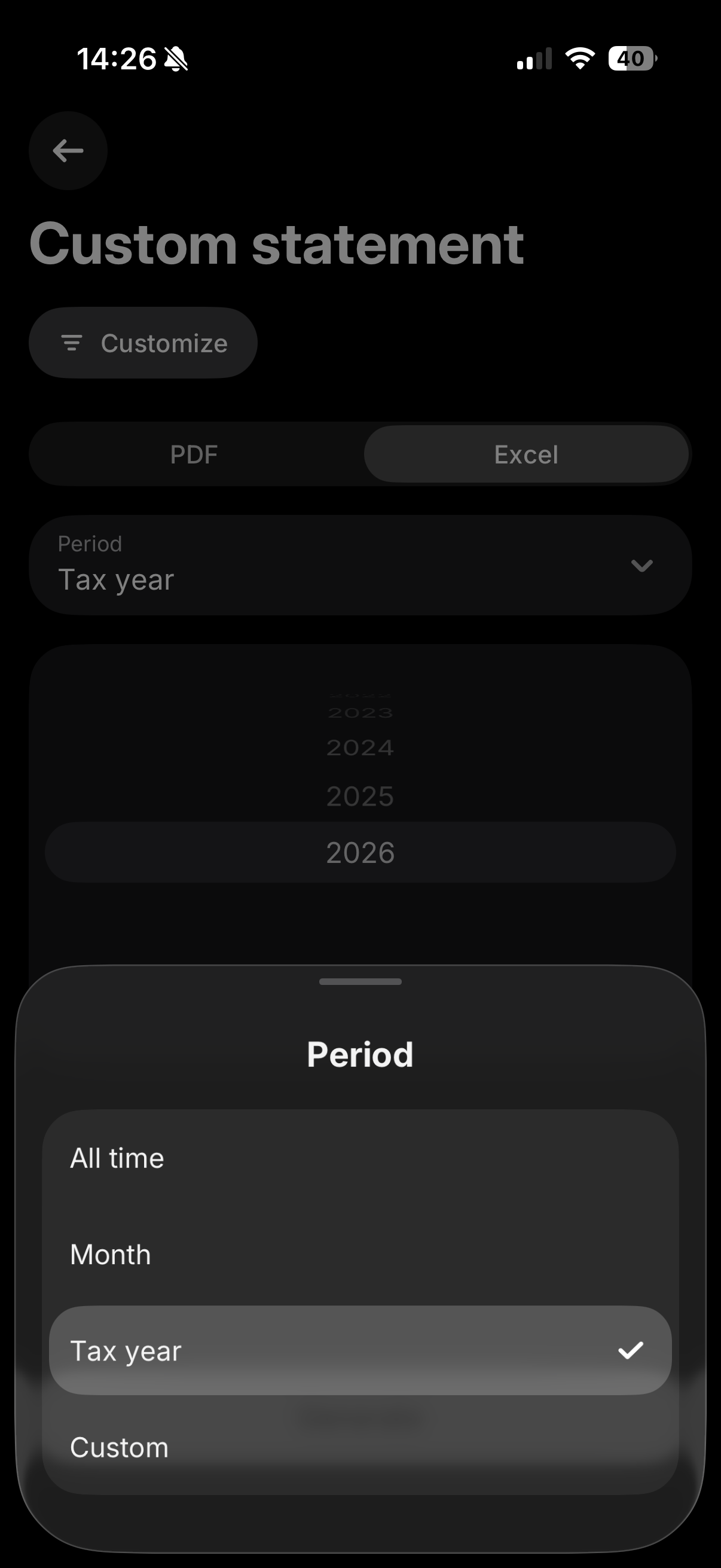 Schermata di generazione dell'estratto conto personalizzato Revolut