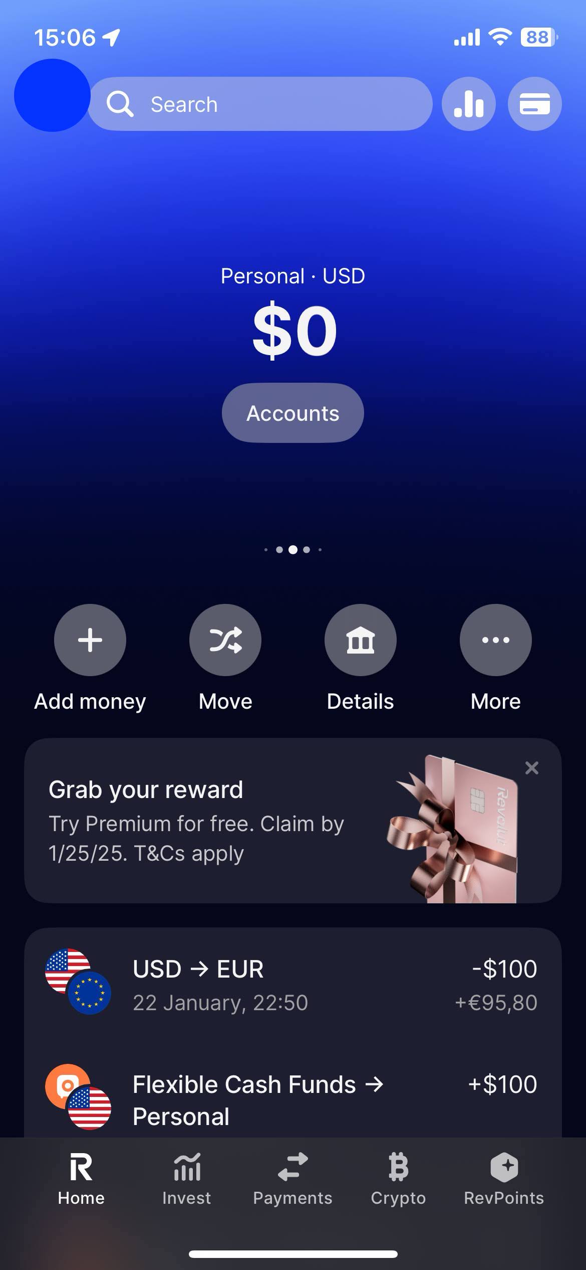 Revolut homepage and menu