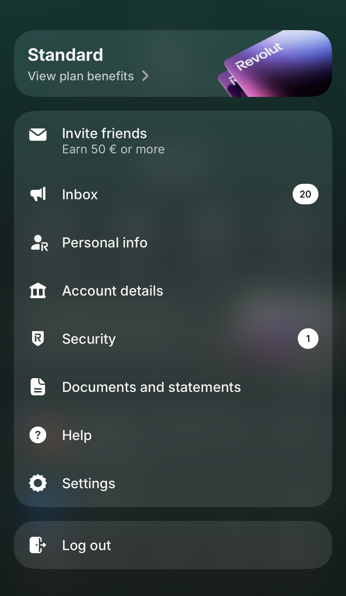 Menu dell'account Revolut