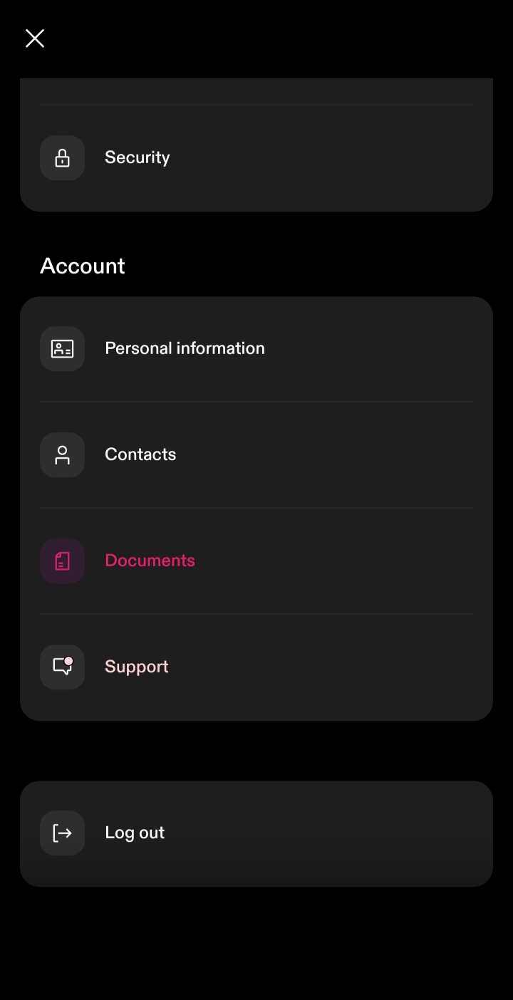 Strike account menu with the Documents option